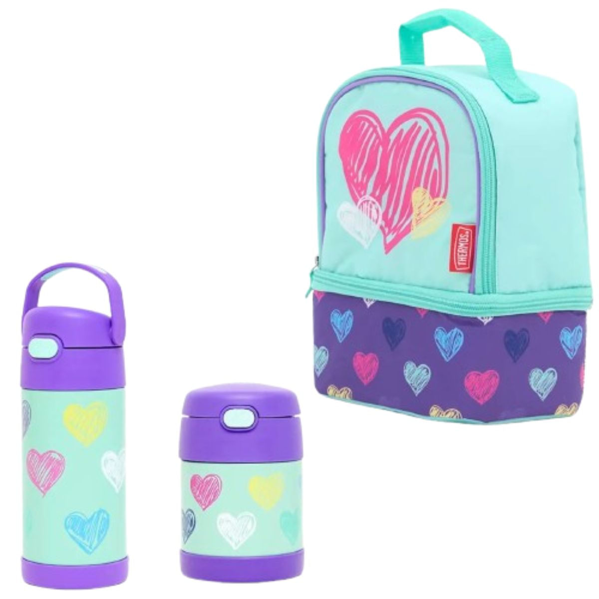 KIT LANCHEIRA, POTE E GARRAFA TÉRMICOS CORAÇÕES - THERMOS