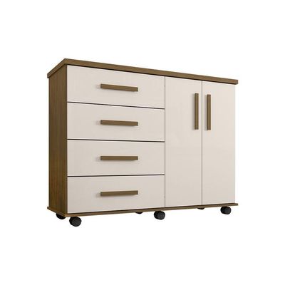 Cômoda Geval Encanto Com 04 Gavetas 02 Portas E Rodízios - Amêndoa/Off White - Cor: Bege