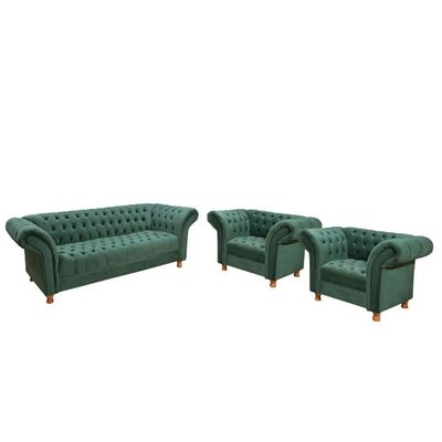 Kit Sofá 02 Poltronas Chesterfield Conde D'El Via Encanto Veludo Verde