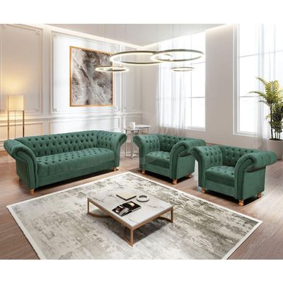 Kit Sofá 02 Poltronas Chesterfield Conde D'El Via Encanto Veludo Verde
