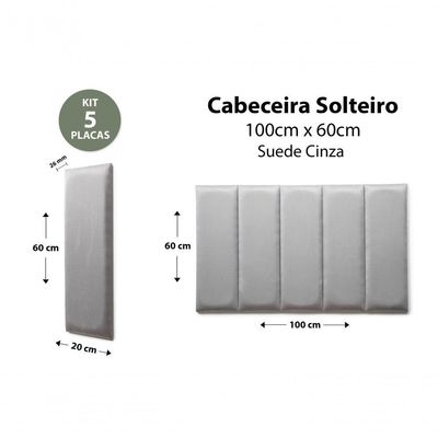 Placas Cabeceira Solteiro 100cm X 60cm 5 Placas Suede Cinza
