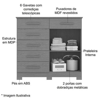 Cômoda Sapateira Mandarim 6 Gavetas 2 Portas Cinamomo