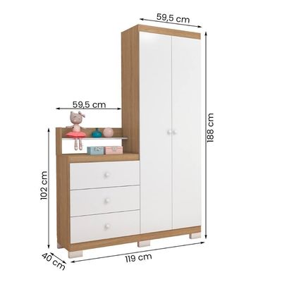 Guarda Roupa Com Comoda Infantil Vicky 2 Portas E 3 Gavetas Naturale/branco