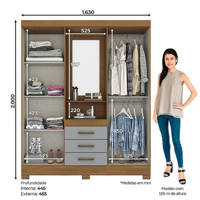 Guarda Roupa Casal 4 Portas Com Espelho 3 Gavetas Ryan Casa 812 Nature Com Cinza