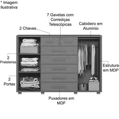 Cômoda Sapateira Grande Para Quarto 7 Gavetas 2 Portas Mdp-mdf Santana Cinamomo