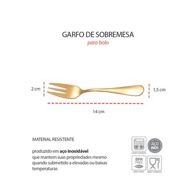 Garfo de Sobremesa Bolo Dourado Talheres Inox Bar Buffet 6un