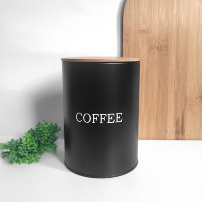 Pote Cafe Porta Mantimento Aço Preto Tampa Bambu Lata 1,4L