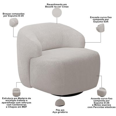 Sofá 3 Lugares Curvo Orgânico Com 02 Poltronas Living 220cm Barolo L06 Bouclê Cinza