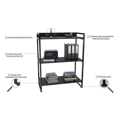 Estante Livreiro Multiuso 80cm 3 Prateleiras Preto Onix