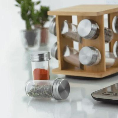 Jogo De Porta Condimentos Com Suporte Giratório Em Bambu Com 8 Potes 90ml Mimo Style