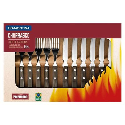 Jogo De Talheres Para Churrasco Em Aço Inox Com Cabo Castanho Polywood 12 Peças