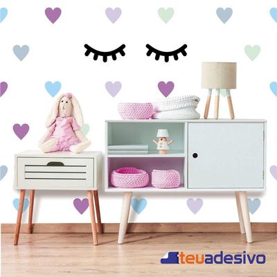 2 Cílios Olhos Fechados Adesivos Parede Infantil + Coração Lilás
