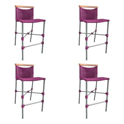 Kit 4 Banquetas Anne Em Corda Náutica Base Em Alumínio Cinza Com Detalhe Em Madeira Rosa - Cor: Rosa