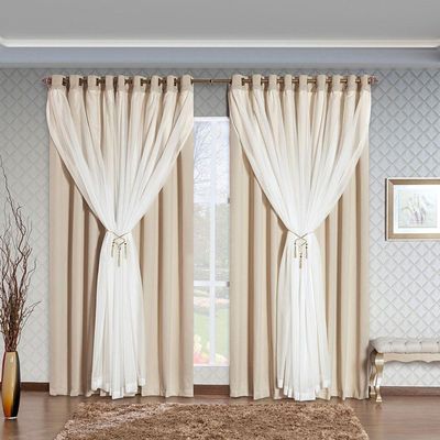 Cortina Arezzo 2,00M X 1,70M Varão Simples Tecido Blackout Com Voal Clássica Janela - Palha