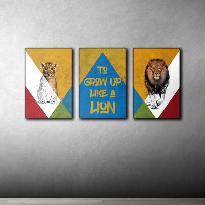 Kit Placas Quadros Decorativos 3 Pçs Mdf 20x30 Leão Cores