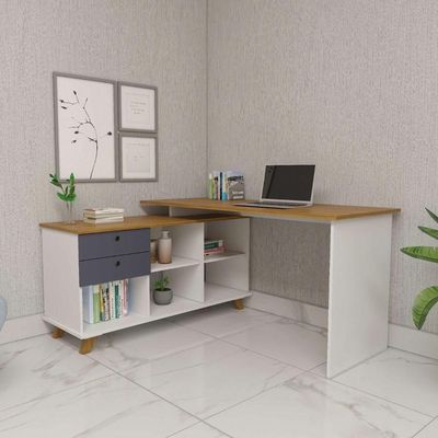 Escrivaninha Mesa Em L Escritório Com Gavetas E Nichos Gold Freijó-grafito-branco