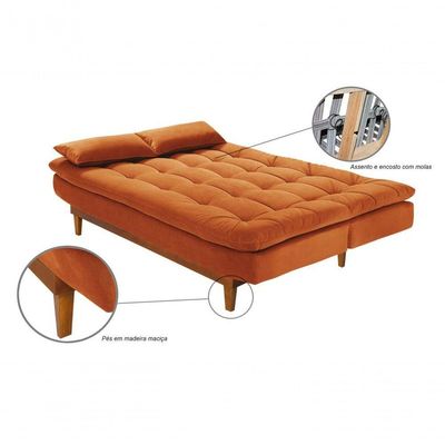 Sofá Cama Dubai 3 Lugares Império Reclinável Casal Pés Madeira Madero Terracota 174