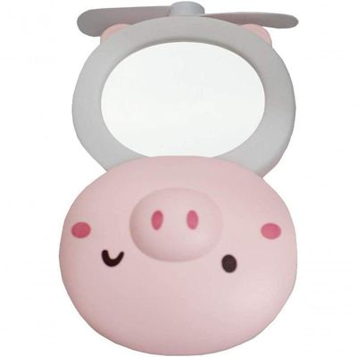 Espelho Portátil Led Ventilador Porquinho/gatinho Rosa