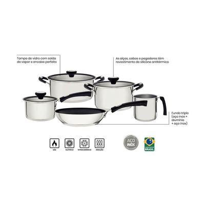 Jogo De Panelas Tramontina Solar Silicone Em Aço Inox Com Fundo Triplo 5 Peças Tramontina