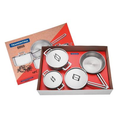 Jogo De Panelas Tramontina Brava Em Aço Inox Fundo Triplo Com Tampa Plana 4 Peças Tramontina