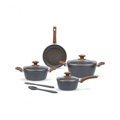 Jogo De Panelas Brinox Antiaderente Ceramic Life 6 Peças Marble Wood Com Indução Cinza Escuro Cinza