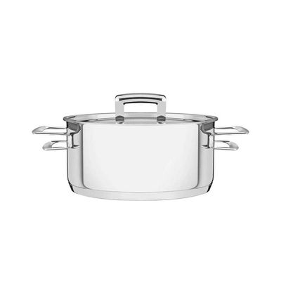 Caçarola Brava Rasa Em Aço Inox Fundo Triplo Com Tampa Plana E Alças 24 Cm 4,8 L