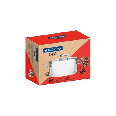 Caçarola Brava Rasa Em Aço Inox Fundo Triplo Com Tampa Plana E Alças 24 Cm 4,8 L
