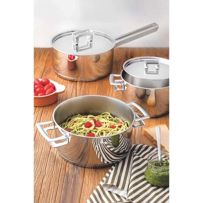 Caçarola Brava Rasa Em Aço Inox Fundo Triplo Com Tampa Plana E Alças 24 Cm 4,8 L