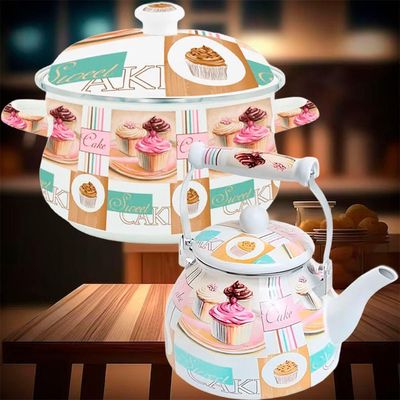 Kit Panela Caçarola Chaleira Cake Esmaltados Vintage Indução