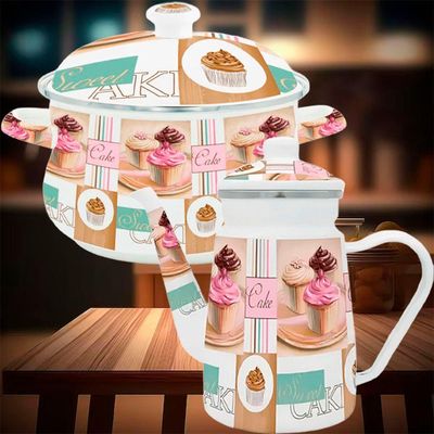 Kit Panela Caçarola Bule Cake Esmaltados Vintage Com Indução