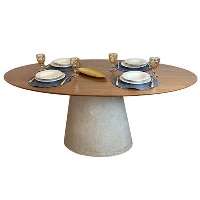 Mesa De Jantar Cone Oval 160x90 Cm Tampo Freijó Base Concreto Cor Cinza Claro