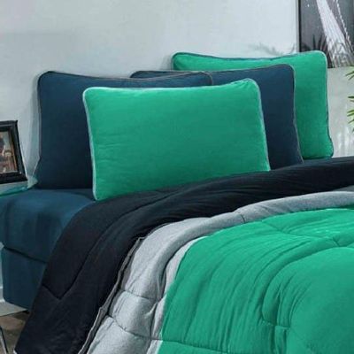 Kit Edredom Jogo De Lençol Malha 100% Algodão 7 Peças King Verde Jade-mescla-azul Petroleo