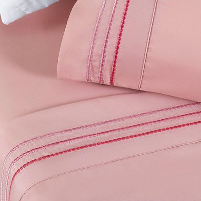 Jogo Cama Lençol Honore King Micro Percal 200 Fios C/ Detalhes Bordados 4 Peças - Sal Rosa