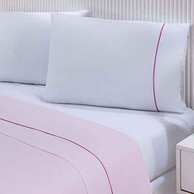 Jogo De Cama Lençol 100% Algodão Percal 150 Fios Queen Gran Moratta 4 Peças Branco E Rosa