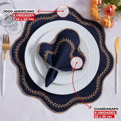 Jogo De Guardanapos Sousplat Americano 12 Peças Bordado Decorativo - Paris Detalhe Dourado Marinho
