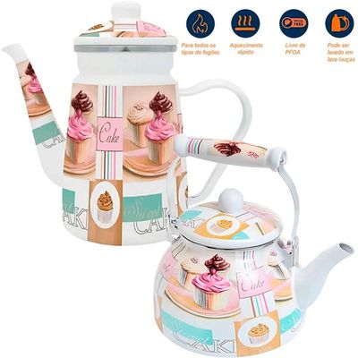 Kit Chaleira 2,5l Bule 1,2l Cake Esmaltados Vintage Indução