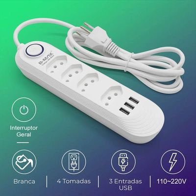 Extensao 4 Tomadas + 3 Usb B-max Filtro De Linha