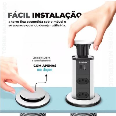 Torre Multiplug Usb 3 Tomadas Retrátil Usb-c E De Embutir