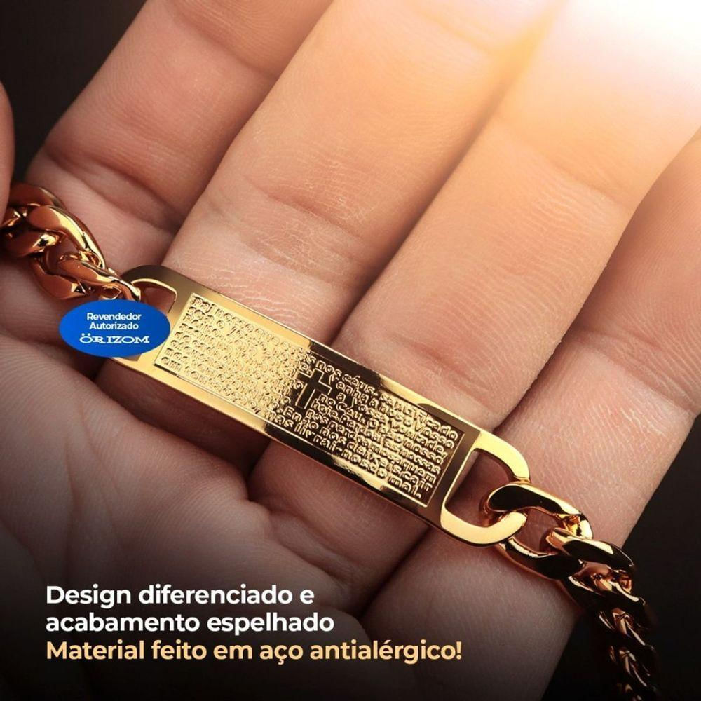 Pulseira Masculina Dourada Ouro Oração Pai Nosso Ajustavel