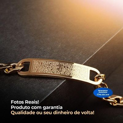 Pulseira Masculina Dourada Ouro Oração Pai Nosso Ajustavel