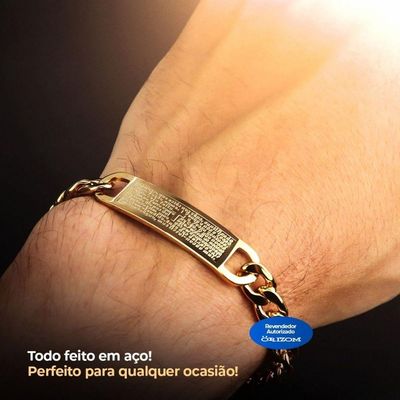 Pulseira Masculina Dourada Ouro Oração Pai Nosso Ajustavel