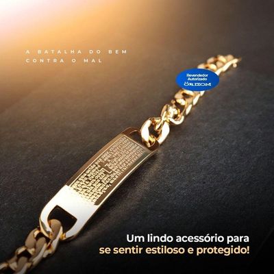 Pulseira Masculina Dourada Ouro Oração Pai Nosso Ajustavel