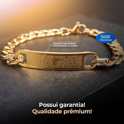 Pulseira Masculina Dourada Ouro Oração Pai Nosso Ajustavel