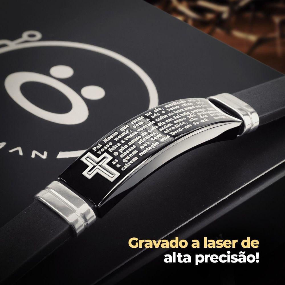 Pulseira Masculina Pai Nosso Preta Placa Aço Inox + Caixa Casual Ajustavel Social