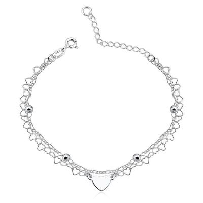 Pulseira Dupla Bolas 3mm E Corações Prata 925