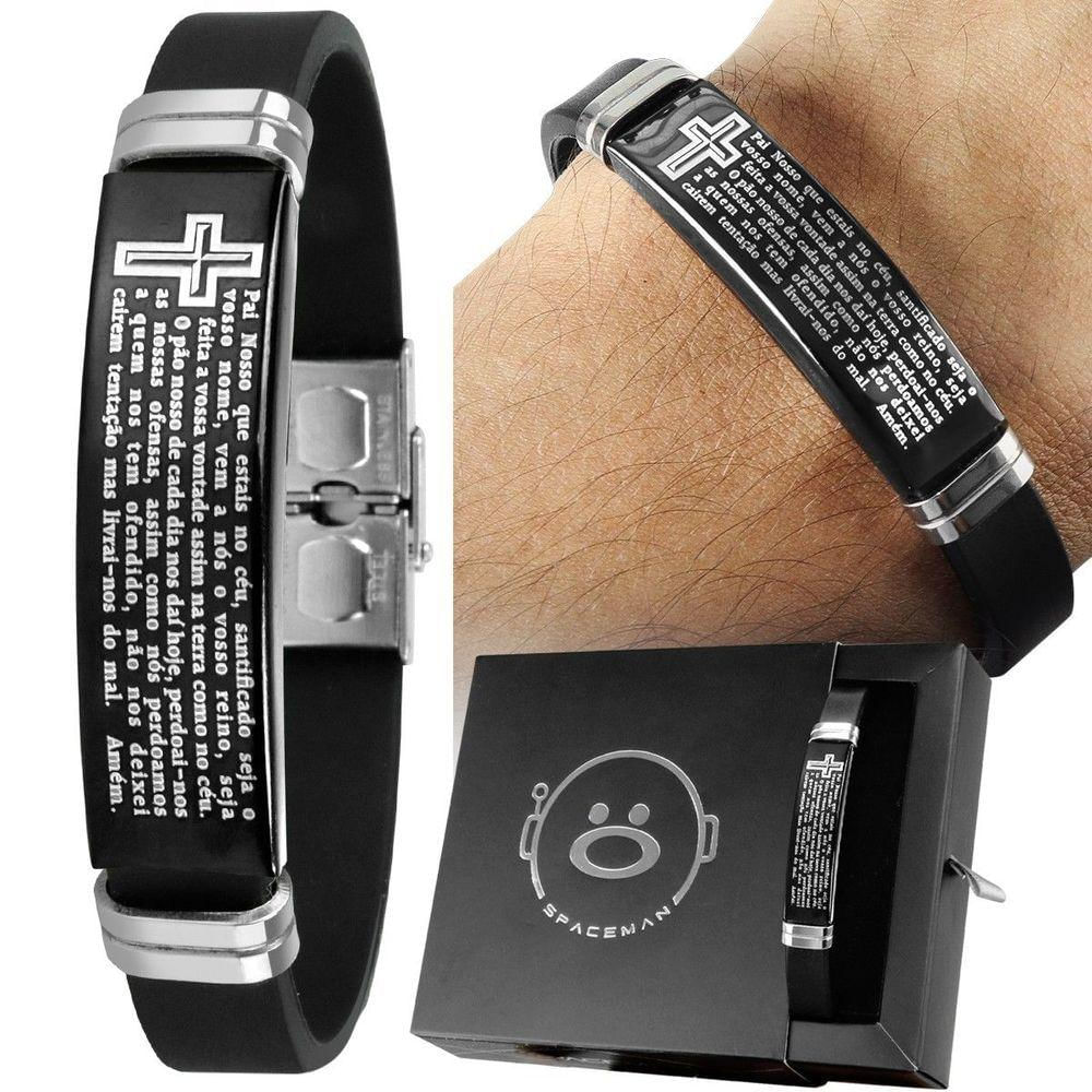 Pulseira Masculina Pai Nosso Preta Placa Aço Inox + Caixa Casual Ajustavel Social