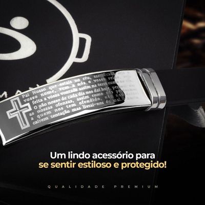 Pulseira Pai Nosso Placa Prata Aço Inox Masculina + Caixa Prata Moda Masculina
