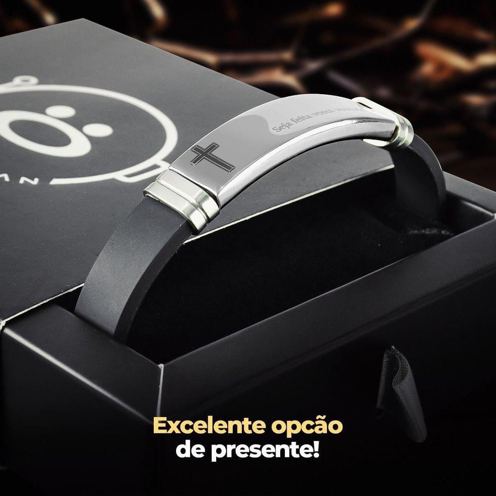 Pulseira Masculina Prata Placa Aço Inox Pai Nosso Silicone + Caixa Moda Masculina