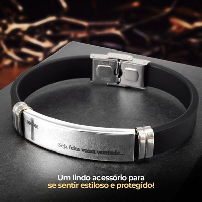 Pulseira Masculina Prata Placa Aço Inox Pai Nosso Silicone + Caixa Moda Masculina