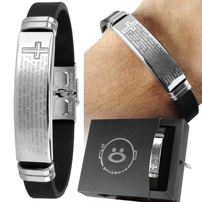 Pulseira Pai Nosso Placa Prata Aço Inox Masculina + Caixa Prata Moda Masculina